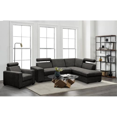Ecksofa im modernes Stil Roma Polsterecke mit Schlaffunktion Bettkasten verstellbaren Kopfstützen, Stoff: vardo 16 - dunkelgrau, Ottomane: rechts
