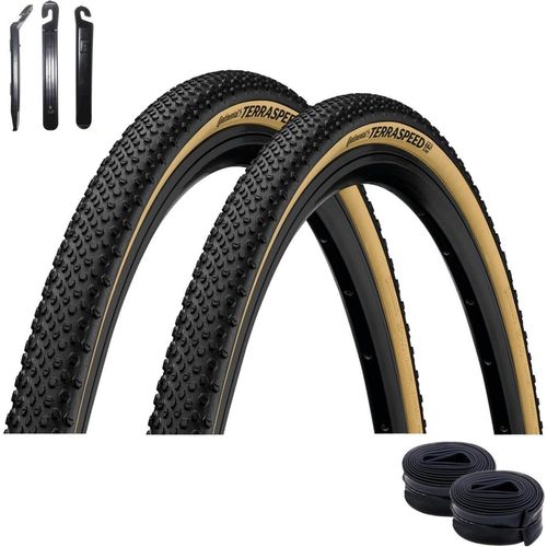 2 x Faltreifen Continental Terra Speed Protection TL-Ready E-25 Schwarz/Creme 35-584 (27,5x1.35) + 2 x passende Schläuche DV inkl. Reifenheber