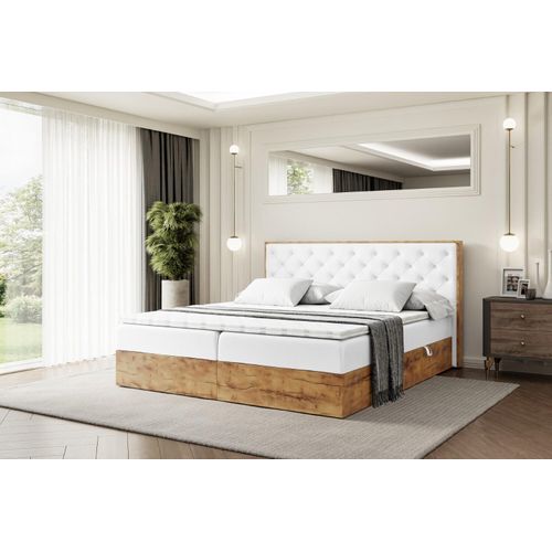 ALTDECOR Boxspringbett mit Eiche Holz LOLLI3 mit H4-Matratze, Kopfteil und Bettkasten - 140x200 - Weiß Kunstleder
