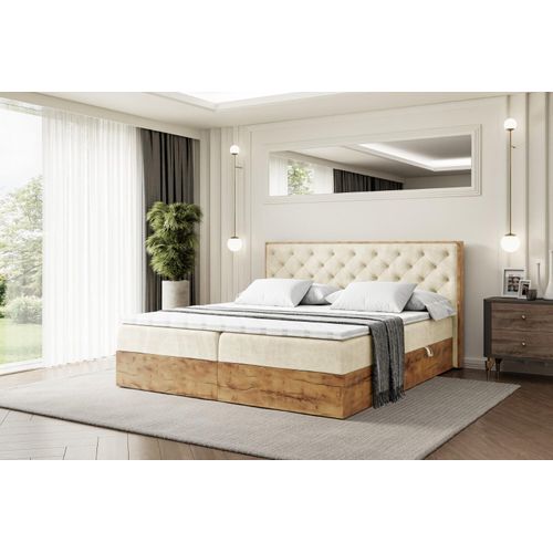 ALTDECOR Boxspringbett mit Eiche Holz LOLLI3 mit H4-Matratze, Kopfteil und Bettkasten - 180x200 - Beige Samt