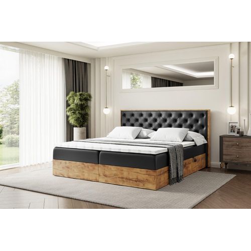 ALTDECOR Boxspringbett mit Eiche Holz LOLLI3 mit H4-Matratze, Kopfteil und Bettkasten - 160x200 - Schwarz Kunstleder