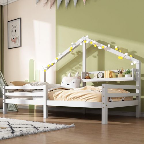Kinderbett 90x200cm Weiß Mit Ablageregal Kaminform und Lattenrost Hausbett Kiefer Massivholz (Ohne Matratze)