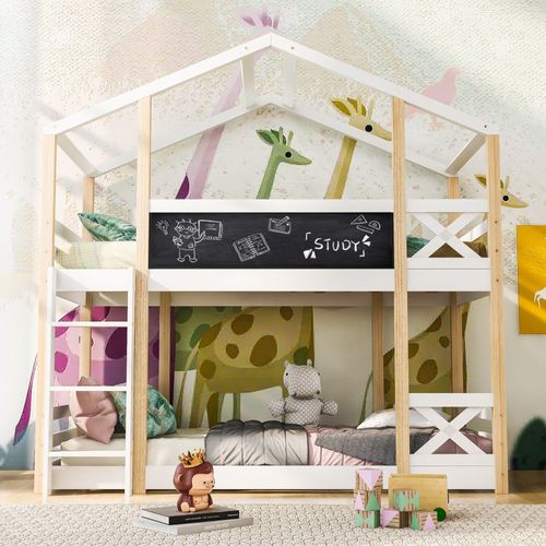 90x200cm Weiß Kinderbett Hochbett (Ohne Rutsche) & Leiter, 2x Lattenrost Baumhaus Hausbet Kiefer-Massivholz (Ohne Matratze)
