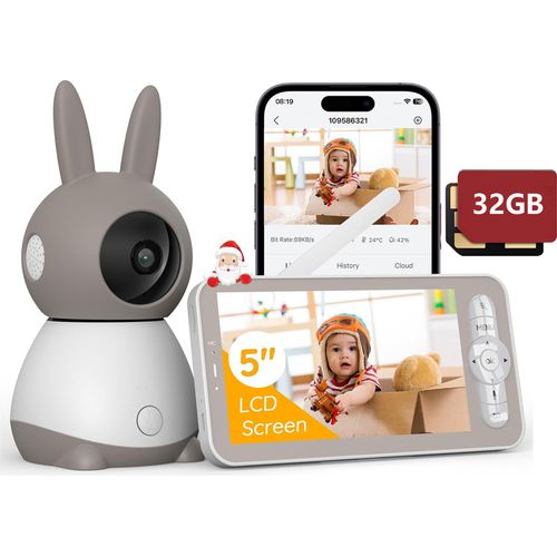 2K Babyphone mit Kamera PTZ 355° mit 32GB, 5“ Baby Monitor Auto-tracking, Weinen- Geräuscherkennung, Temperatur- und Feuchtigkeitsmessung