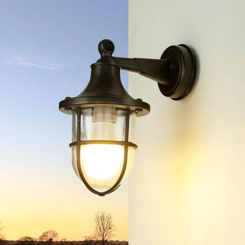 Außenwandleuchte IP64 Schwarz antik E27 Glas Messing Maritim Außenlampe Wand HausGarten