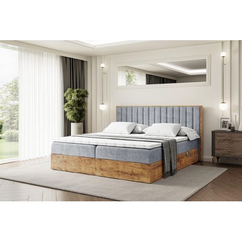 ALTDECOR Boxspringbett LOLLI4 mit H4-Matratze, Kopfteil und Bettkasten mit Eiche Holz - 200x200 - Grau Samt