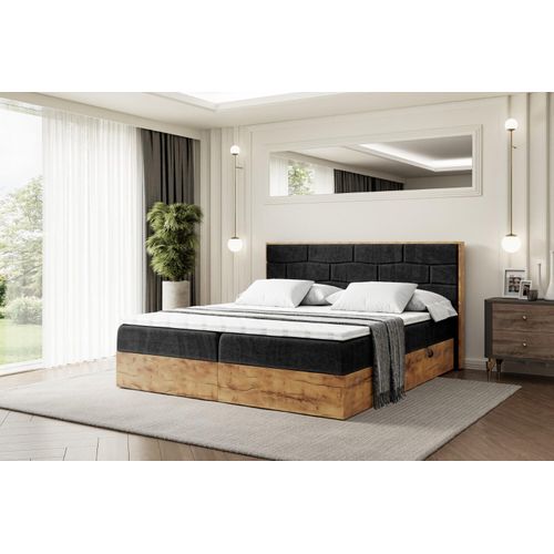 ALTDECOR Boxspringbett LOLLI8 mit H4-Matratze + Topper, Kopfteil und Holz-Bettkasten - 120x200 - Schwarz Samt