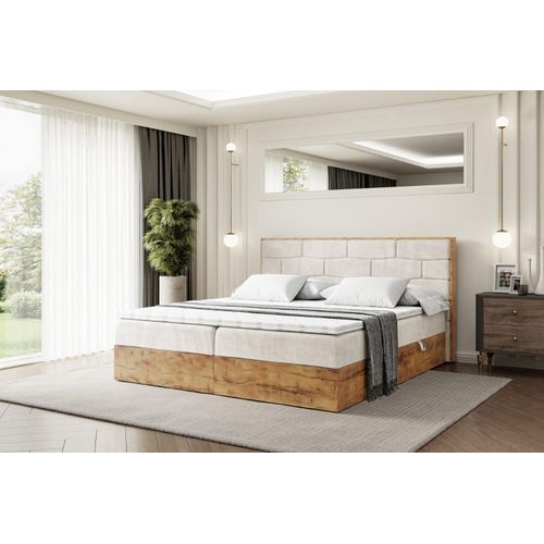 ALTDECOR Boxspringbett LOLLI8 mit H4-Matratze + Topper, Kopfteil und Holz-Bettkasten - 120x200 - Beige Samt