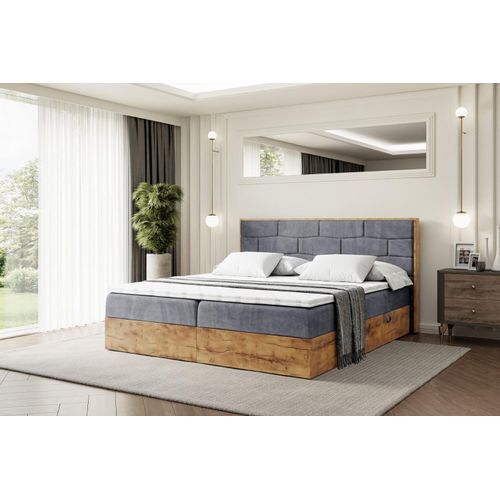 ALTDECOR Boxspringbett LOLLI8 mit H4-Matratze + Topper, Kopfteil und Holz-Bettkasten - 160x200 - Dunkelgrau Samt