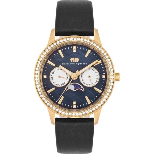 Damen Multifunktionsuhr gelbgold Echtleder schwarz