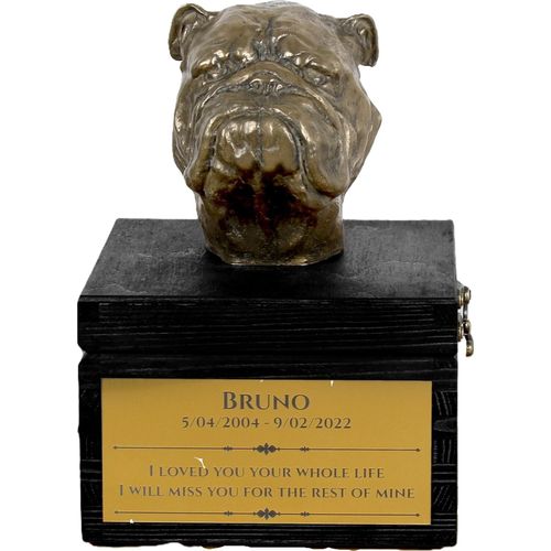 Bulldog, Englische Bulldogge - eine Urne mit Gravur und Hundeskulptur, letzter Abschied, handgefertigtes Produkt der Marke Art-Dog