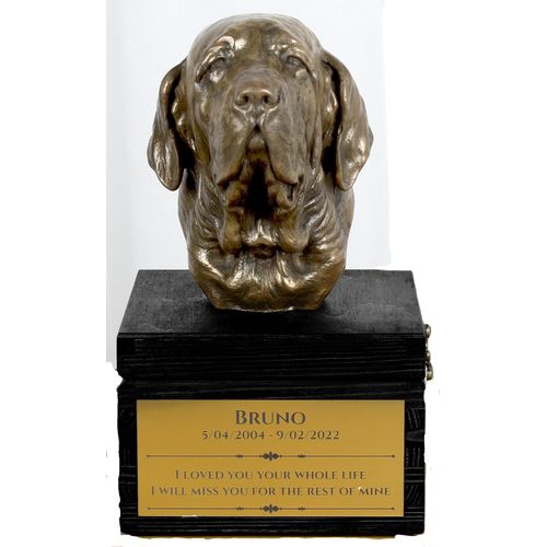 Fila Brasileiro, Brasilianischer Mastiff - eine Urne mit Gravur und Hundeskulptur, letzter Abschied, handgefertigtes Produkt der Marke Art-Dog
