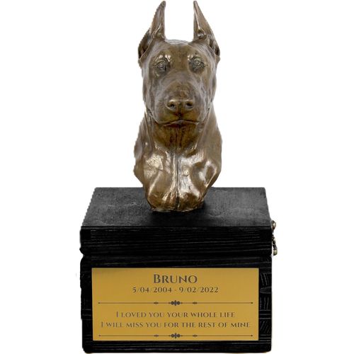 Dobermann I - eine Urne mit Gravur und Hundeskulptur, letzter Abschied, handgefertigtes Produkt der Marke Art-Dog