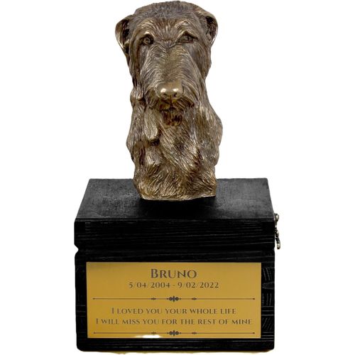 Deerhound, Schottischer Hirschhund, Scottish Deerhound - eine Urne mit Gravur und Hundeskulptur, letzter Abschied, handgefertigtes Produkt der Marke Art-Dog