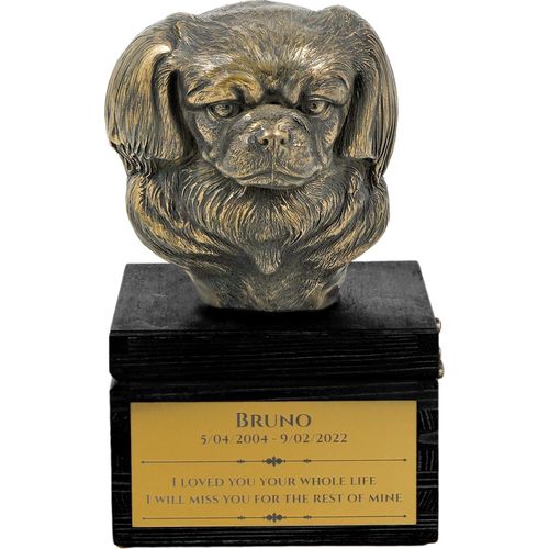 Tibet-Spaniel, Tibetan Spaniel - eine Urne mit Gravur und Hundeskulptur, letzter Abschied, handgefertigtes Produkt der Marke Art-Dog