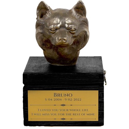 Chihuahua Langhaar - eine Urne mit Gravur und Hundeskulptur, letzter Abschied, handgefertigtes Produkt der Marke Art-Dog