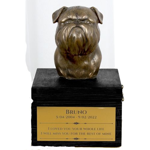 Brüsseler Griffon, Griffon Bruxellois - eine Urne mit Gravur und Hundeskulptur, letzter Abschied, handgefertigtes Produkt der Marke Art-Dog