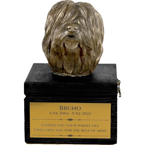 Polnischer Niederungshütehund, PON - eine Urne mit Gravur und Hundeskulptur, letzter Abschied, handgefertigtes Produkt der Marke Art-Dog