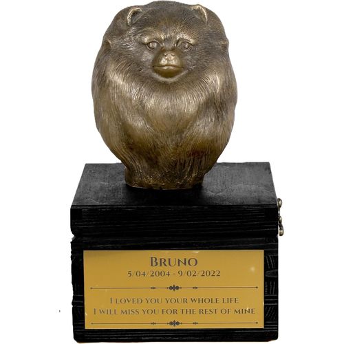 Pomeranian, Pommer, Pommerlo, Zwergspitz - eine Urne mit Gravur und Hundeskulptur, letzter Abschied, handgefertigtes Produkt der Marke Art-Dog
