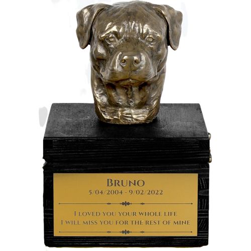 Rottweiler - eine Urne mit Gravur und Hundeskulptur, letzter Abschied, handgefertigtes Produkt der Marke Art-Dog