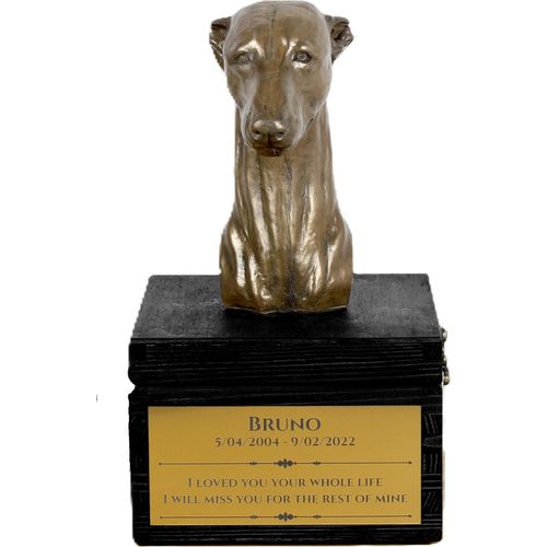 Whippet, Kleiner Englischer Windhund - eine Urne mit Gravur und Hundeskulptur, letzter Abschied, handgefertigtes Produkt der Marke Art-Dog