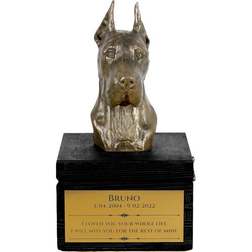 Deutsche Dogge, Ulmer Dogge, Große Dogge I - eine Urne mit Gravur und Hundeskulptur, letzter Abschied, handgefertigtes Produkt der Marke Art-Dog