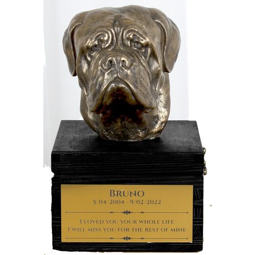 Bordeauxdogge, Dogue de Bordeaux - eine Urne mit Gravur und Hundeskulptur, letzter Abschied, handgefertigtes Produkt der Marke Art-Dog