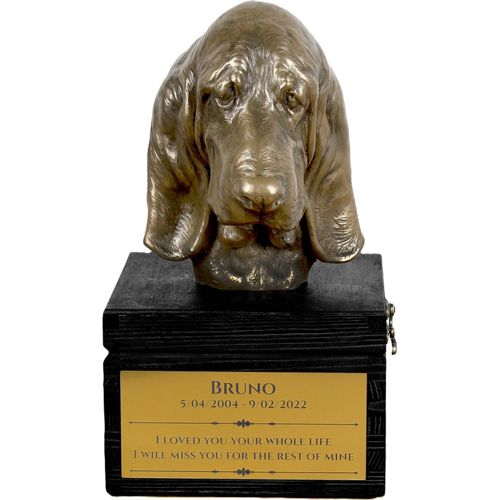 Basset Hound - eine Urne mit Gravur und Hundeskulptur, letzter Abschied, handgefertigtes Produkt der Marke Art-Dog