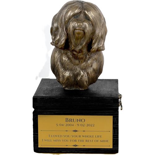 Tibet-Terrier, Tibetan Terrier, Tsang Apso - eine Urne mit Gravur und Hundeskulptur, letzter Abschied, handgefertigtes Produkt der Marke Art-Dog