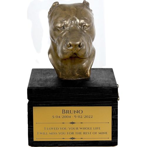 Argentinische Dogge, Dogo Argentino - eine Urne mit Gravur und Hundeskulptur, letzter Abschied, handgefertigtes Produkt der Marke Art-Dog