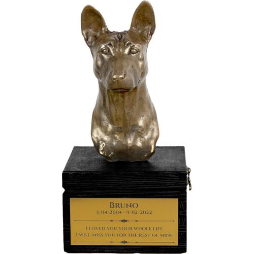 Basenji, Kongo-Terrier - eine Urne mit Gravur und Hundeskulptur, letzter Abschied, handgefertigtes Produkt der Marke Art-Dog
