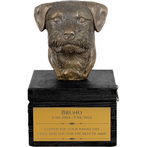 Border Terrier - eine Urne mit Gravur und Hundeskulptur, letzter Abschied, handgefertigtes Produkt der Marke Art-Dog