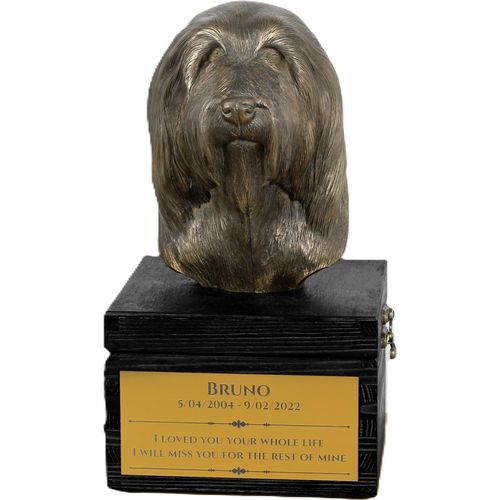 Bearded Collie - eine Urne mit Gravur und Hundeskulptur, letzter Abschied, handgefertigtes Produkt der Marke Art-Dog