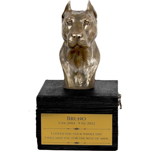 American Staffordshire Terrier, Amstaff II - eine Urne mit Gravur und Hundeskulptur, letzter Abschied, handgefertigtes Produkt der Marke Art-Dog