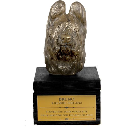 Briard, Berger de Brie - eine Urne mit Gravur und Hundeskulptur, letzter Abschied, handgefertigtes Produkt der Marke Art-Dog
