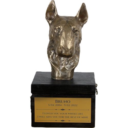 Bull Terrier, Bullterrier I - eine Urne mit Gravur und Hundeskulptur, letzter Abschied, handgefertigtes Produkt der Marke Art-Dog