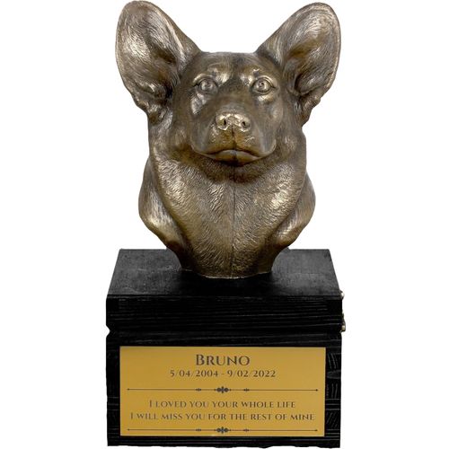Pembroke Welsh Corgi - eine Urne mit Gravur und Hundeskulptur, letzter Abschied, handgefertigtes Produkt der Marke Art-Dog