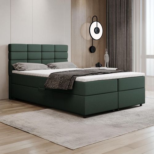 Boxspringbett 140x200, mit Bettkasten, Grün, Matratze und Topper, Doppelbett, REVE, Panda Möbel