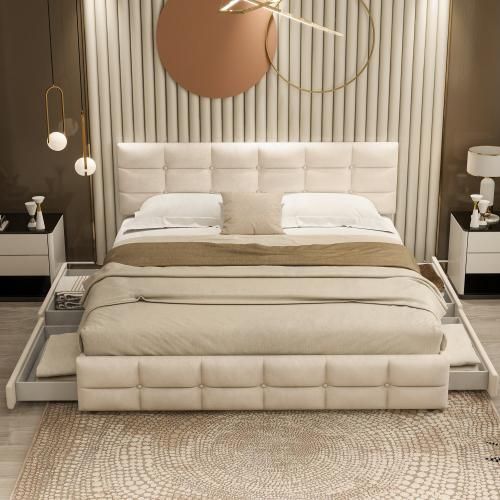 Beige Polsterbett 180x200cm Samtstoff (Ohne Matratze) Doppelbett mit 4 Schubladen, Lattenrost und Rückenlehne Doppelbett Jugendliche