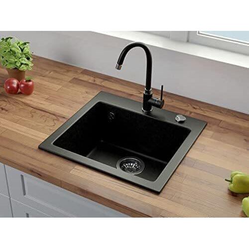VBChome Spülbecken mit Armatur 50 x 47 cm Schwarz Granit Spüle Einzelbecken Küche Einbauspüle Verbundspüle Küchenspüle Gesprenkelt Spülbecken Siphon Armatur