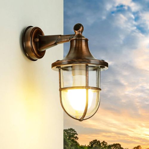 Außenleuchte Wand IP64 in Kupfer antik E27 Glas Echt-Messing Maritim Wandleuchte außen Hof HausGarten