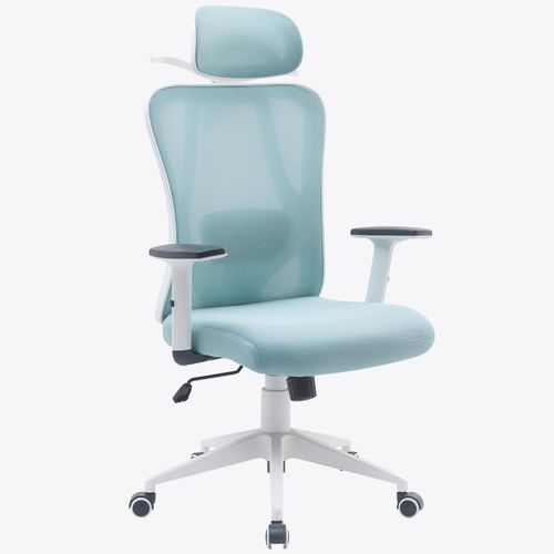 Bürostuhl mit platzsparendem Kleiderbügel - ergonomischer Schreibtischstuhl mit Nacken- und Lordosenstütze - komfortabler Gamingstuhl mit Netzrückenlehne und Wippfunktion,Farbe:Weiß/Blau