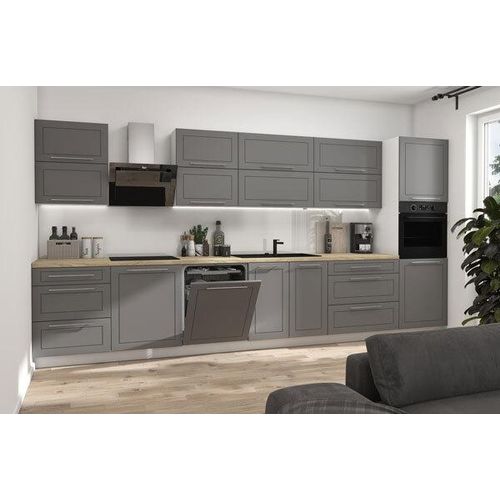 Küchenzeile KVANTUM 400cm weiß Fronten MDF dust grey matt HETTICH Vollauszug