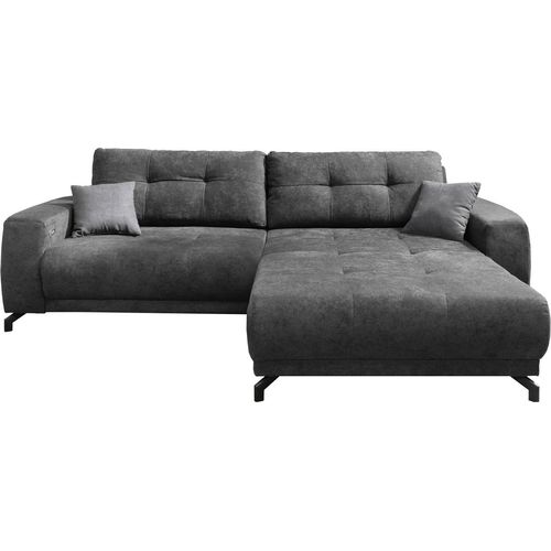 Ecksofa - Anthrazit - Schwarz - Flachgewebe - Metallfüße - elektr. Sitztiefenverstellung