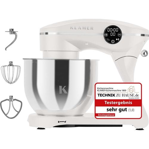 KLAMER Küchenmaschine 1800W, Knetmaschine mit 6 Liter Edelstahl Schüssel, 10 Geschwindigkeitsstufen mit Timer, Rührbesen, Knethaken, Schneebesen und Spritzschutz, weiss