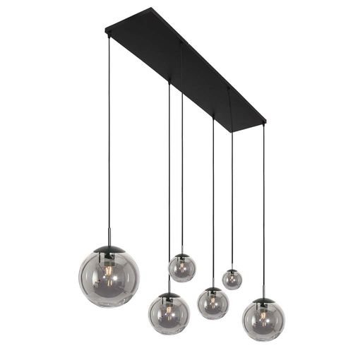 Pendelleuchte, Metall, Schwarz, Rauchglas, 6-Flammig