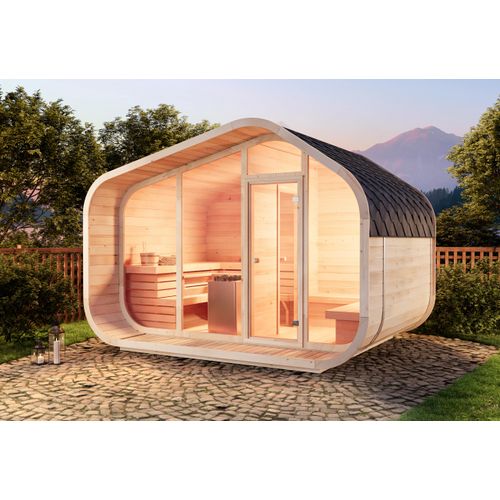 FinnTherm Fasssauna ScandiCube Wave Premium, Outdoor Sauna mit Glasfront, Außensauna - Thermoholz, Mit Zwischenwand