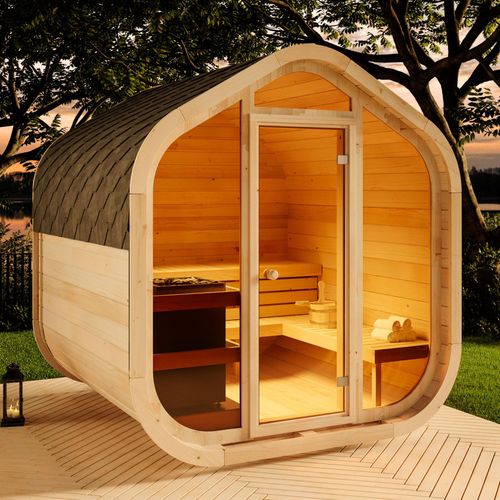 FinnTherm Fasssauna ScandiCube Wave Comfortissimo, Outdoor Sauna mit Glasfront, Gartensauna - Naturbelassen