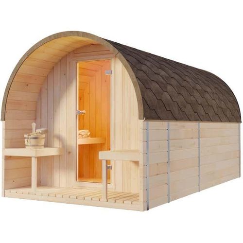 FinnTherm Fasssauna ScandiPod Deluxe Fasssauna 2 Sitzbänke aus Holz, Sauna mit 42 mm Wandstärke, Außensauna mit Montagematerial