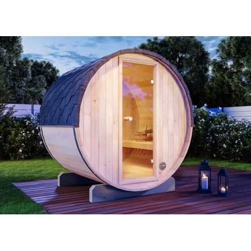 FinnTherm Fass-Sauna Mini XS Fasssauna 2 Sitzbänke aus Holz , Sauna mit 42 mm Wandstärke, Außensauna mit Montagematerial
